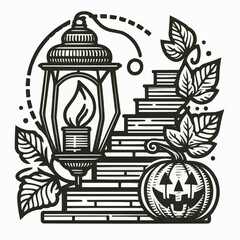 Naklejka premium Vintage lantern with a jack-o'-lantern and autumn leaves in an illustrative style