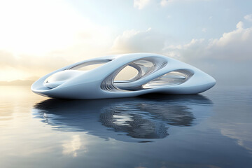Futuristic Architecture Design on Serene Water Under Cloudy Sky