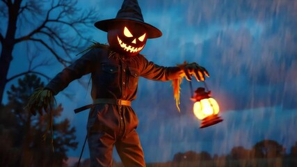 Halloween party: spooky skeleton with pumpkin head dances in the moonlight in misty ancient graveyard. 3D animated background for greeting cards, invitations, posters, events, parties - Powered by Adobe