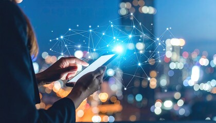 Woman using digital tablet with glowing network over cityscape at night. Concept of technology communication and connection. Bokeh blurred background.