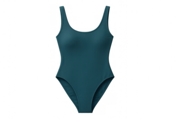 Teal one-piece swimsuit fitting comfortably, showcasing sleek design against clean transparent backdrop
