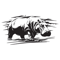 Black silhouette of Hippopotamus illustration icon for logo, isolated on white background, Hippopotamus line art silhouette