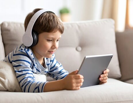 Young boy laying on a sofa with a tablet device and headphones enjoying media content indoors, smiling while wearing a striped shirt on a light background.