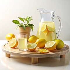Freshly squeezed lemonade and lemons on a wooden tray