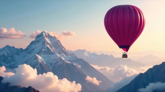 Aerial photography of a hot air balloon surrounded by beautiful mountains.