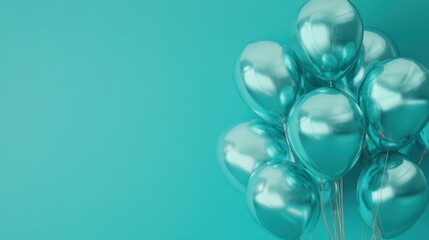 Fototapeta premium Cluster of Shiny Turquoise Balloons on a Solid Background Celebrating Birthdays, Events, and Festivities with a Fun, Vibrant Atmosphere