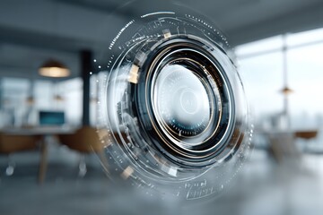 Abstract digital lens in a modern office setting.