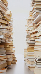 Fototapeta premium New books are neatly stacked high along both sides of a narrow pathway, inviting readers to explore and discover titles in a well-lit, simple indoor environment