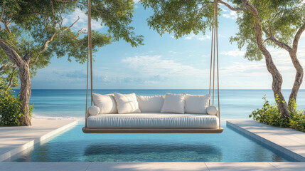 Fototapeta premium Tranquil Retreat: Swing Sofa Over Pool by Tropical Beach Coastline