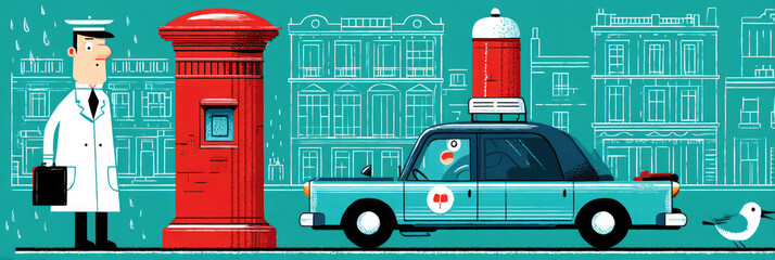 A person in a blue suit stands beside a vintage car with a roof-mounted device near a red mailbox on a rainy street. The urban landscape includes buildings and a bird nearby