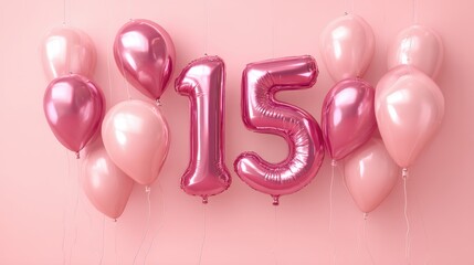 Festive Pink Balloons with Number Fifteen, Celebrating Birthday Party, Elegant Decoration for 15th Birthday, Joyful Celebration Atmosphere