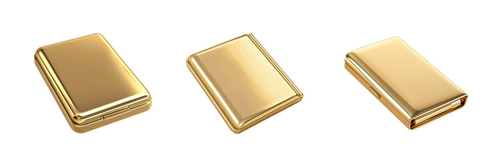 Golden Metal Cigarette Case Set. Luxury Smoking Accessory Collection Isolated On Transparent Background