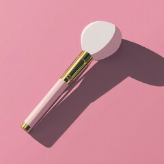 Vector illustration features a soft makeup brush with a white head and pink handle, resting on a pink background. The brush casts a subtle shadow, emphasizing its design