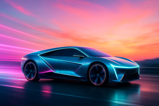 Futuristic cyberpunk electric car on highway at sunset.