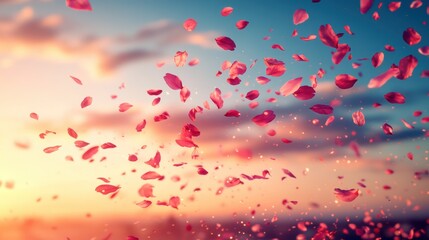 Pink petals dance in a sunset sky