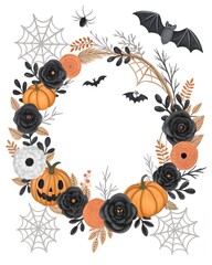 &ldquo;Spooky vertical Halloween wreath with bats, pumpkins, cobwebs and black roses in circular layout, playful gothic aesthetic with space for spooky party invitation text&rdquo;
