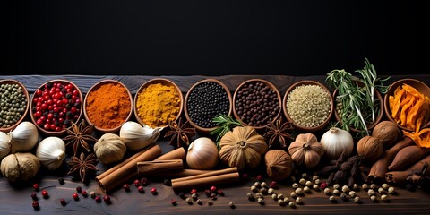 Aromatic Spices and Herbs Collection on Rustic Wood Background for Culinary or Food Photography