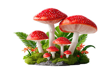 Group of amanita muscaria mushrooms with moss isolated on transparent background