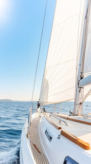 Obraz premium Adventurous young traveler sailing on open sea under clear skies