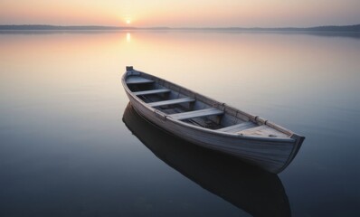 A serene wooden boat drifting in still waters at sunrise.