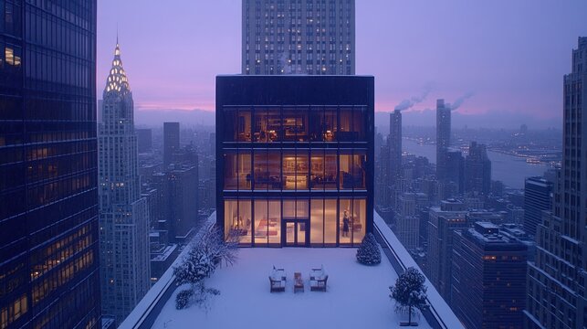 Rooftop oasis in a winter city skyline