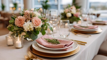 Fototapeta premium Elegant table setting with pastel floral arrangements, gold accents, and pink linen for a sophisticated and celebratory event, evoking charm.