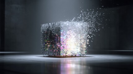 Digital cube dissolving into a luminous debris field.