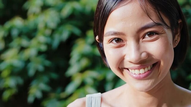 Young woman smiling naturally in a green outdoor environment. Friendly and relatable stock portrait.