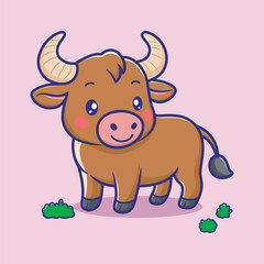 Cute Bull Cartoon Vector Icon Illustration. Animal Nature Icon Concept Isolated Premium Vector. Flat Cartoon Style