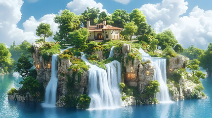 Island with a building atop, waterfalls cascade down, and it's surrounded by lush greenery and crystal-clear water