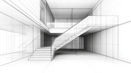 Obraz premium Architectural Vision: 3D Wireframe Sketch of Stair Hall with Atrium