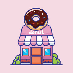 Cartoon style donut shop vector illustration. Cute and colorful storefront with a big chocolate donut on top. Ideal for bakery branding, kids games, or sweet themed projects.