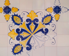 Portuguese tiles or azulejos at the market hall Mercado Municipal dos Calicos in Albufeira, Portugal