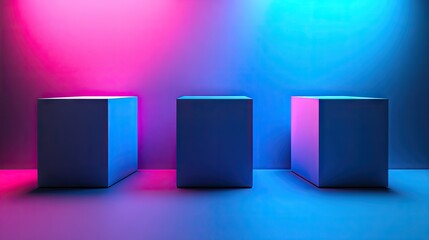 Three empty cubic display platforms under vibrant pink and blue lighting.