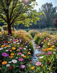 Fototapeta premium Vibrant Flower Garden with Stream and Lush Greenery in Morning Light
