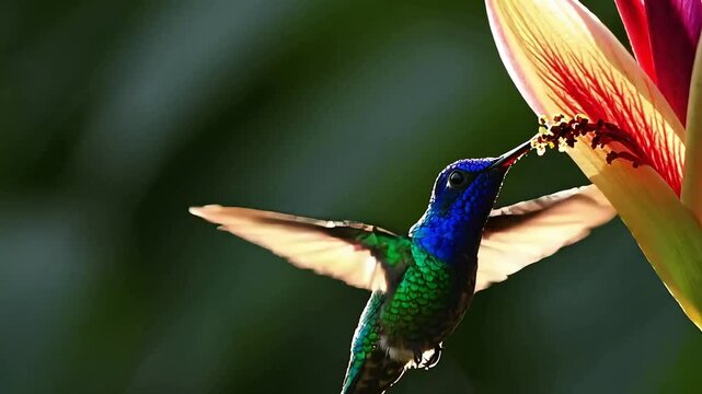 Colorful hummingbird in flight feeds on a vibrant flower in stunning close-up.