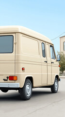 Naklejka premium Retro beige van parked on urban street with blue sky background