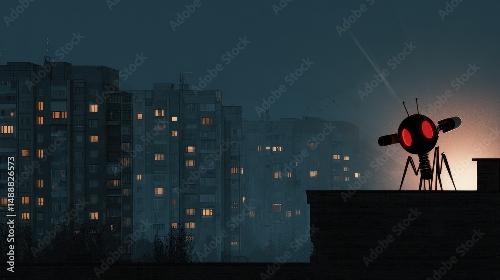 Aufkleber a robot is standing on a roof in front of a city skyline