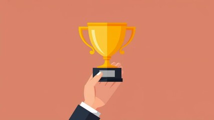 Flat design illustration. A hand grasps and elevates a trophy cup, presenting it against a clear backdrop. Concept of victory and awards.