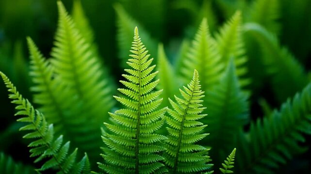 Vibrant green fern flourishing. Fern displaying green foliage amidst a natural setting. Scenic natural floral fern landscape. Green texture highlighting numerous ferns.