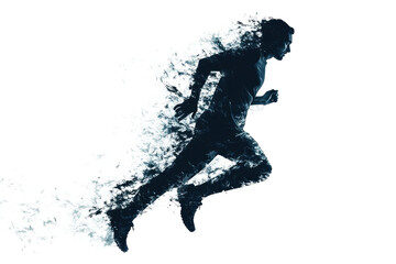 Running figure dissolving into particles against a transparent background for creative design and illustration purposes