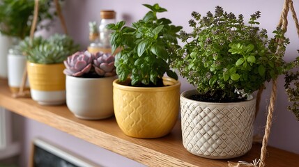 A curated display of potted plants on a wooden shelf. Succulents and herbs bring a touch of nature indoors with decorative pots.