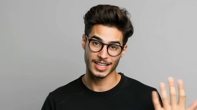 Young man with glasses talking to camera in a studio setting