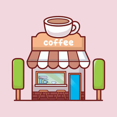 Adorable coffee shop vector illustration in cartoon style. Cozy storefront with a big coffee cup sign and window seating.