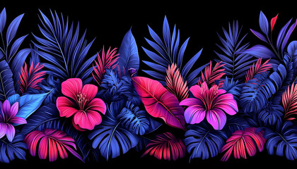 Lush arrangement of vibrant flora against a stark black backdrop, featuring striking pink and blue hued leaves and flowers