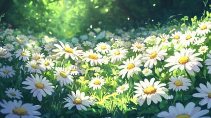 Sunlit field of daisies in lush green meadow.