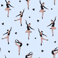 pattern design of dancing ballerinas in black costumes on blue background