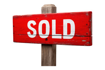 Red wooden sold sign on a wooden post isolated on transparent background