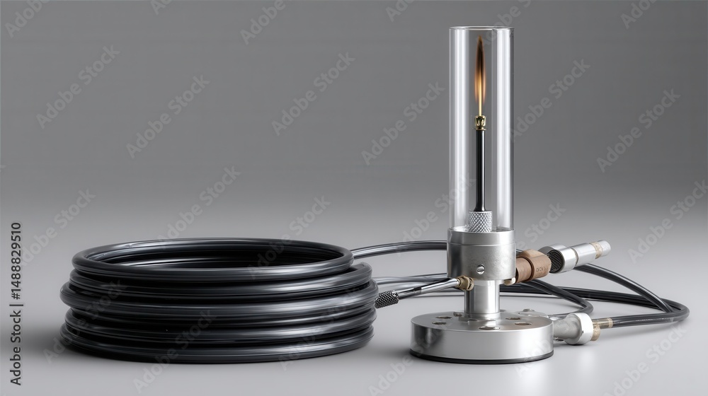Poster a black hose is connected to a small device with a flame