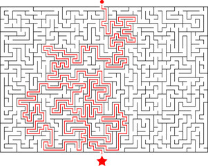 Big square labyrinth. Rectangualr maze of high complexity with solution. Black and white complex riddle with very high level of difficulty. Nice brainstorm puzzle.
